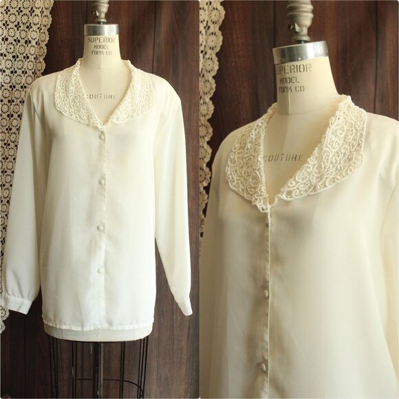 Vintage 1980s 1990s Blouse, Volup Impressions White Button Down Shirt with Lace - Picture 1 of 10